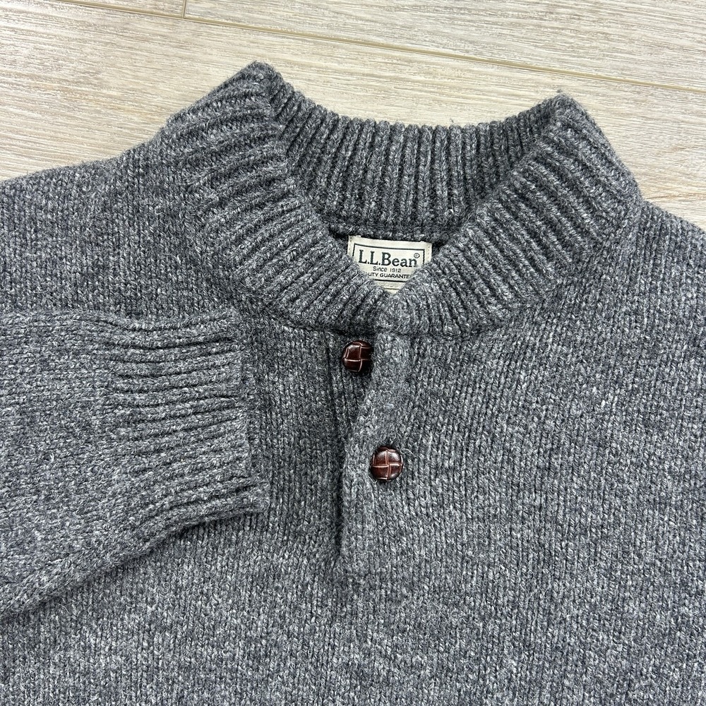 L.L. Bean Medium Chunky Knit lambswool Henley Sweater Charcoal Gray Ragg Wooly